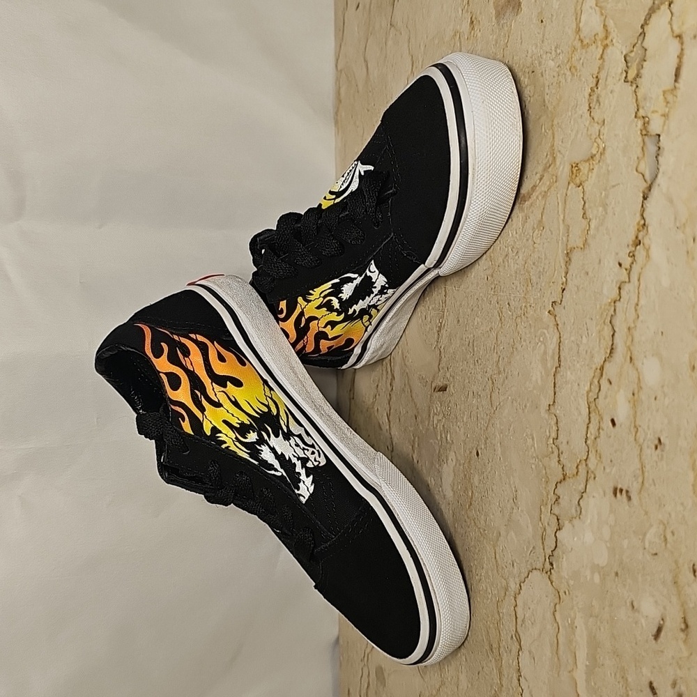 Vans Off The Wall Kids Boys Black Canvas Lace-up Sneakers Shoes Flames Size 12.5